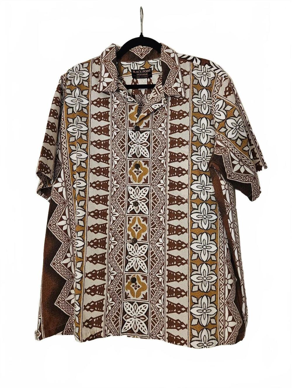 Vintage Black Point Sportswear Hawaiian Shirt Size XL -Floral & Geometric Motifs